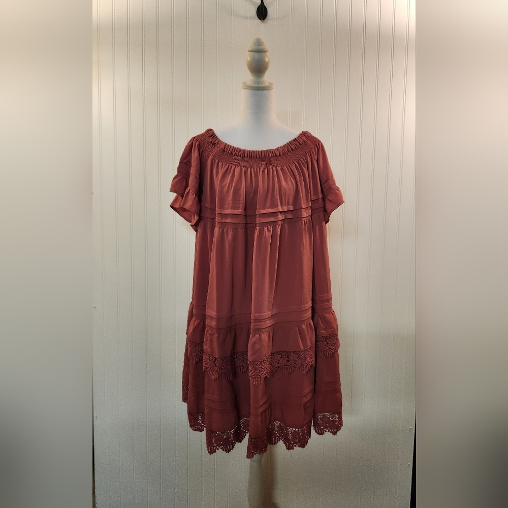 Indigo Thread Co. Women's Mauve Off‎ Shoulder Smock Shift Dress Size XL Ruffles